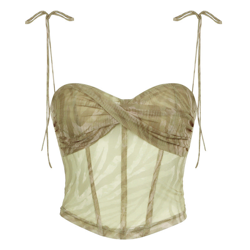 Sexy Style Corrugated Printed Double Layer Mesh Camisole Low Collar Irregular Cinched Tube Top Vest Top
