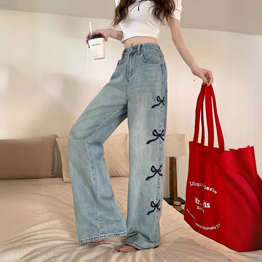 Women Butterfly Embroidered Jeans Wide-leg Pants