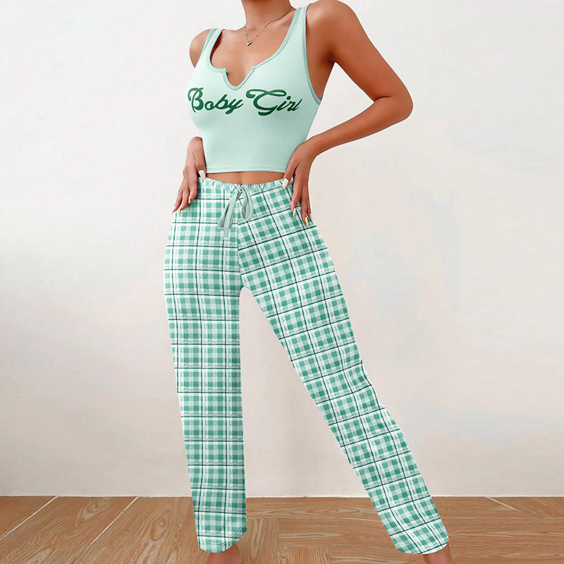 Women's Spring/Summer Casual Pajama Set â€?Sleeveless Letter Print Top and Color-Blocked Plaid Pants