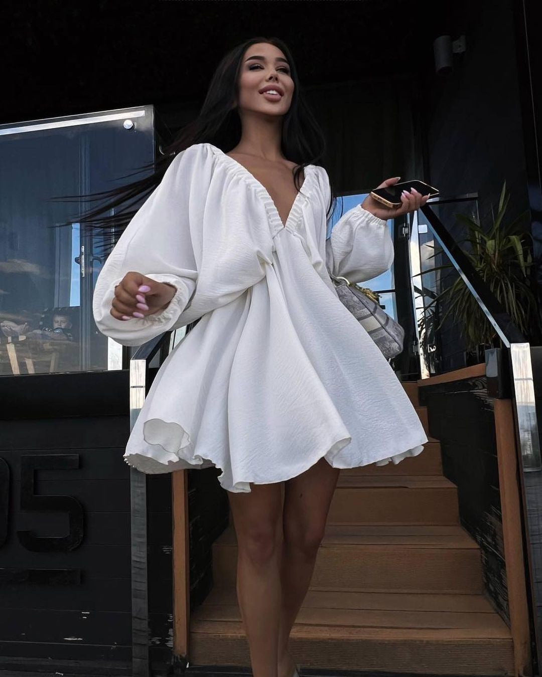 V-neck Lantern Sleeve Dress Fashion Loose Long-sleeved Dresses For Women Clothing