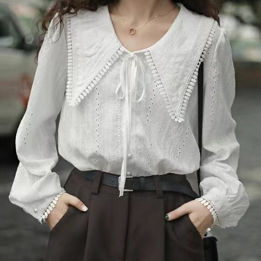 French Style Large Pointed Collar Shirt Women's Early Spring Design