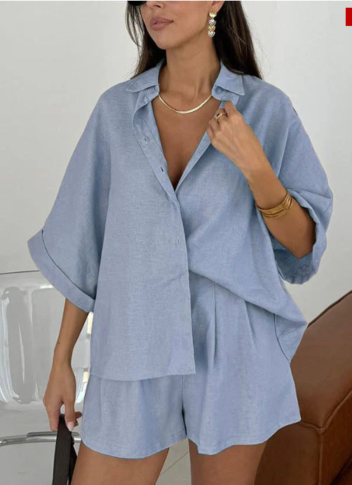 Fashion Polo Collar Half Sleeve Top And Shorts Two-piece Set