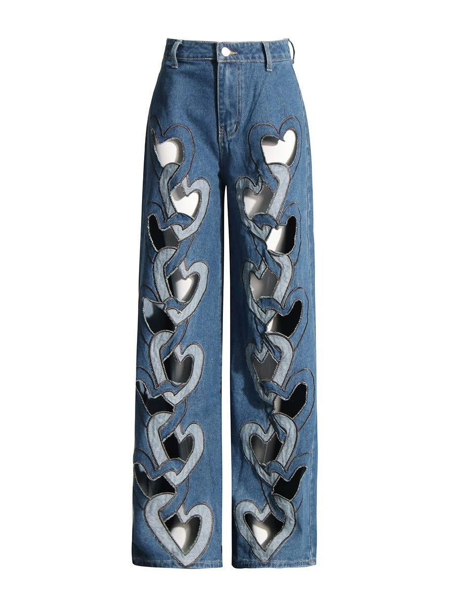 High Waist Hollowed Heart Shape Wide Leg Jeans