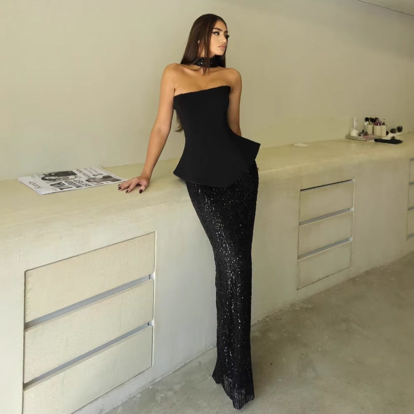 Elegant Scarf Bandage Dress Half-length Sequin Dress Suit