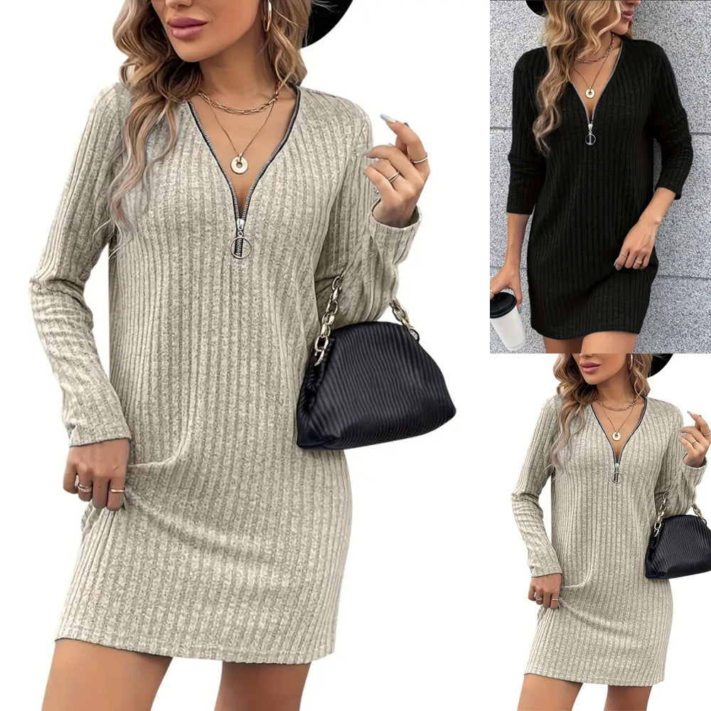Elegant V-neck Zipper Sunken Stripe Ladies Dress