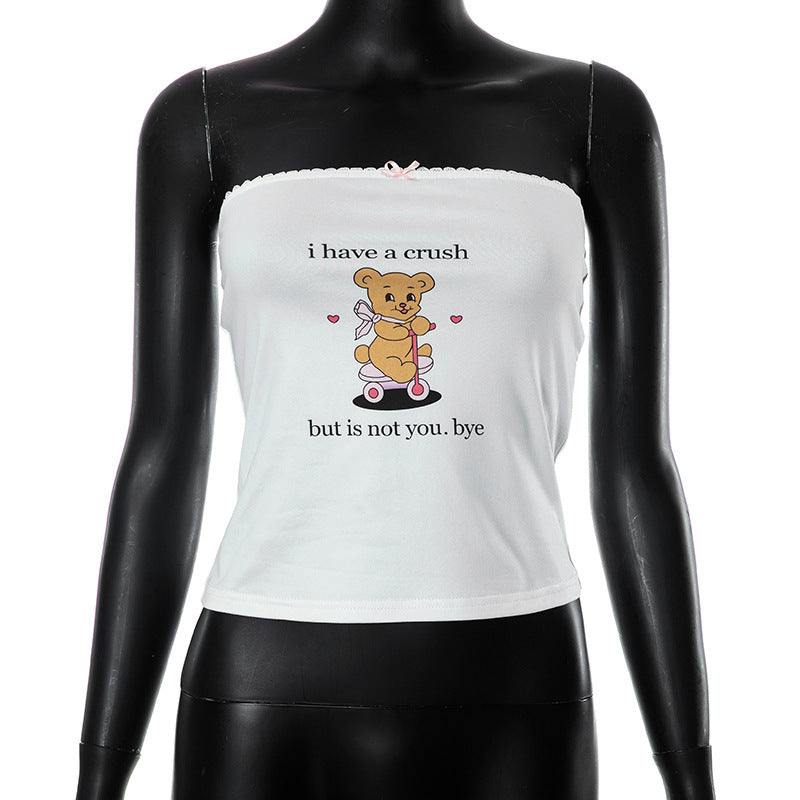 Women's Cute Fashion Bear Letter Print Bow Lace-collared Blouse