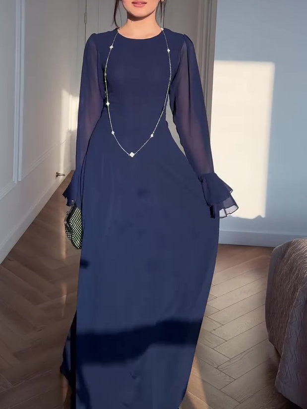 Navy Blue Trumpet Sleeve Tie Maxi Dress