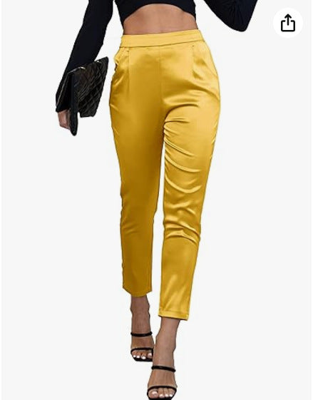 Women's Comfortable Pocket Straight High Waist Acetate Pants
