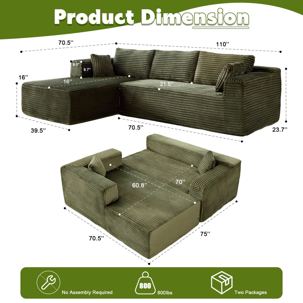 L-Shaped Compression Sofa Bed With Corduroy Fabric - Convertible Sectional Sofa, Foldable Floor Couch Sleeper, Space-Saving Flannel-Like Lounge