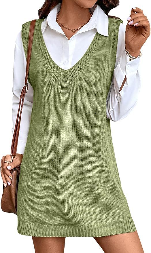 Women V-neck A Long Sweater Vest Dress Fashion Rib Knitted Side Slit