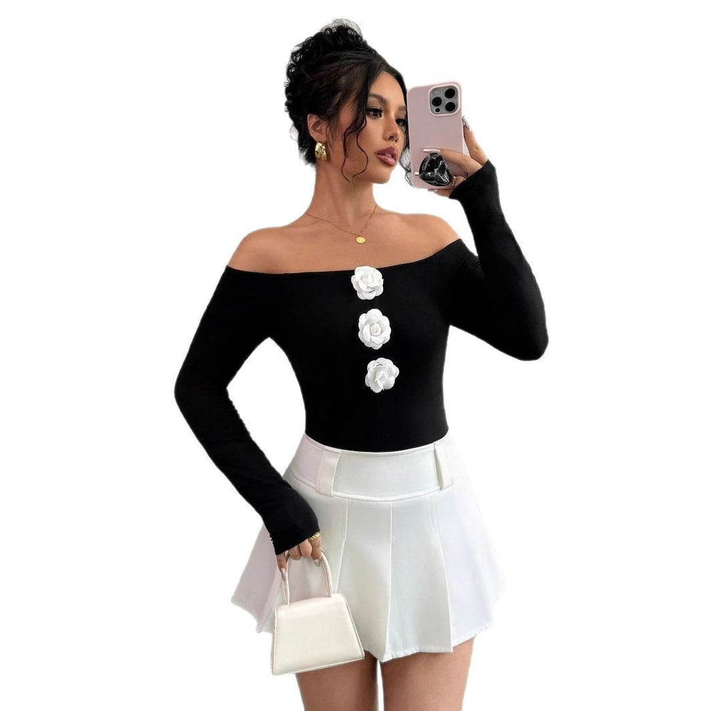 3D Floral Off-the-shoulder Off-neck Slim-fit Long-sleeved T-shirt