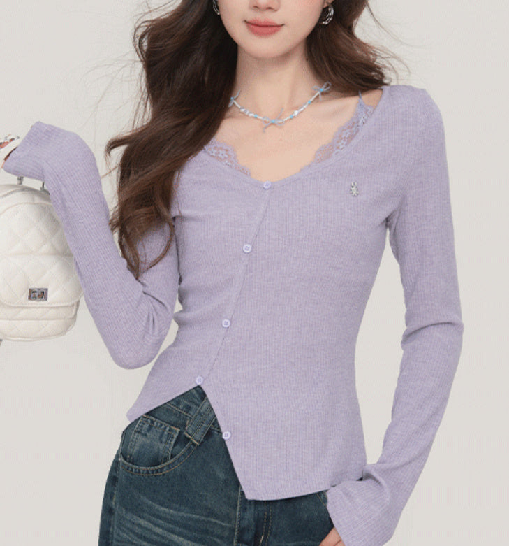 Pure Desire Faux Two-piece Lace Long-sleeved T-shirt For Women