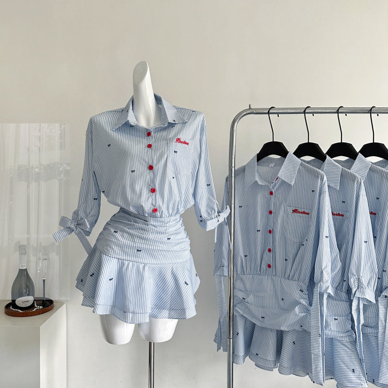 Half-sleeved And Waisted Shirt Dress Blue And White Striped Dress Ruffles