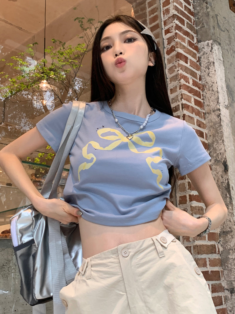 Round Neck Retro Bow Cotton Short-sleeved T-shirt For Women