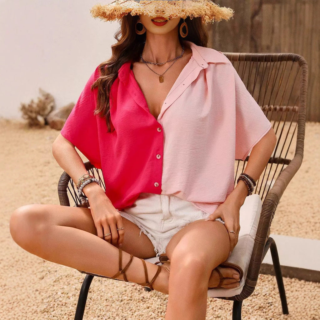 Design Single Breasted Loose Short Sleeve Split Shirt Top