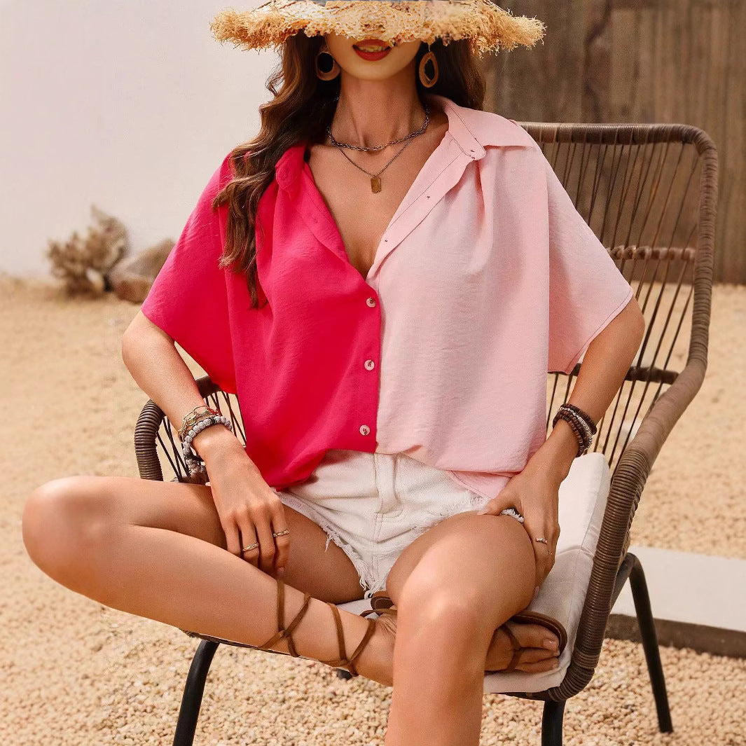 Design Single Breasted Loose Short Sleeve Split Shirt Top