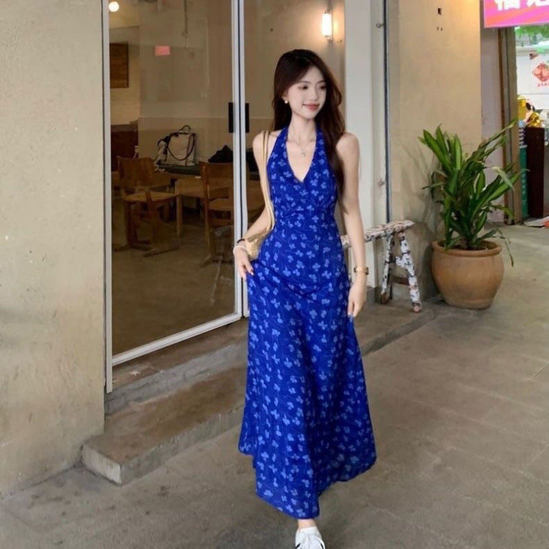 French Blue Floral Strap Dress Summer