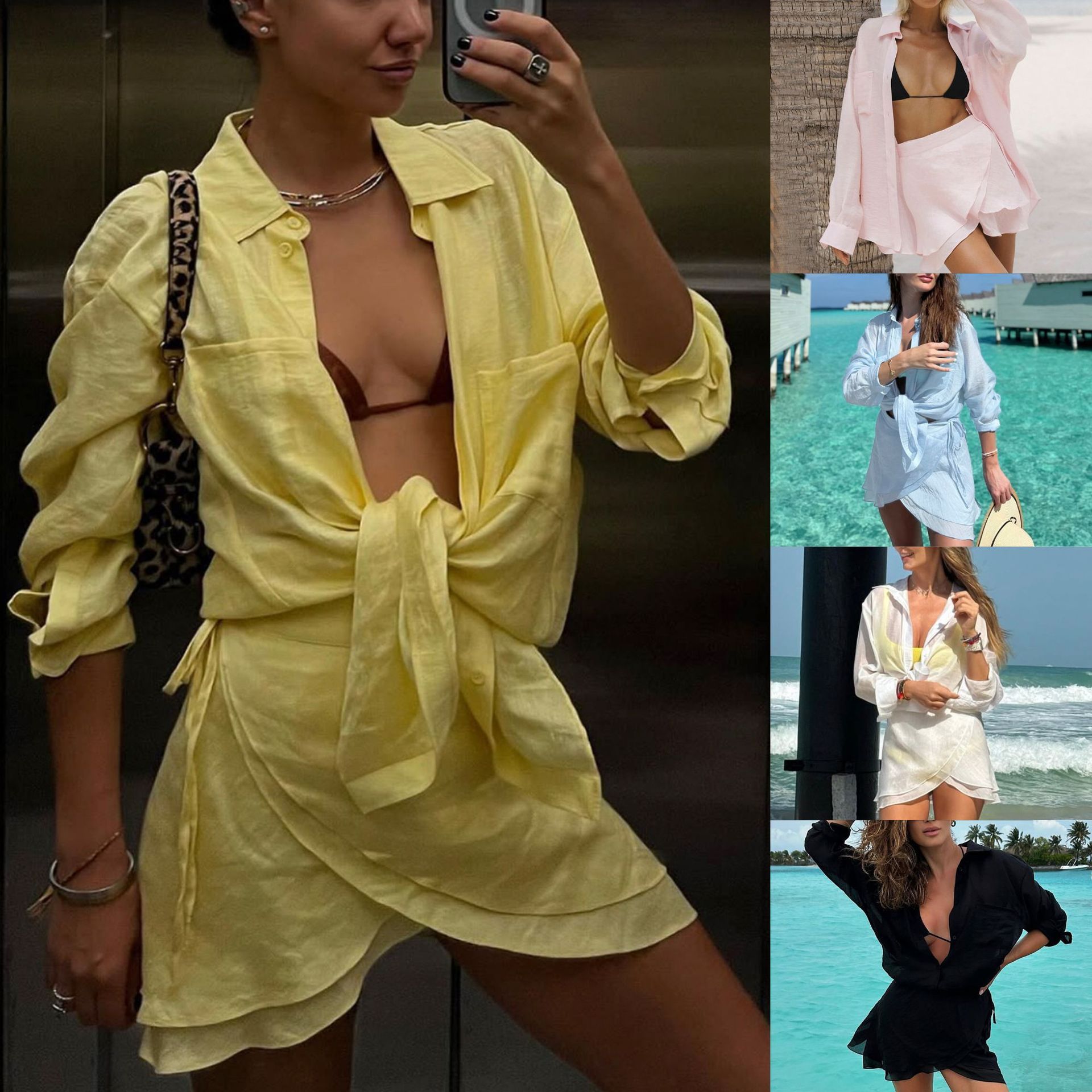 Ladies Beach Sun Protection Shirt Seaside Leisure Vacation Skirt Swimsuit Blouse Shirt Suit