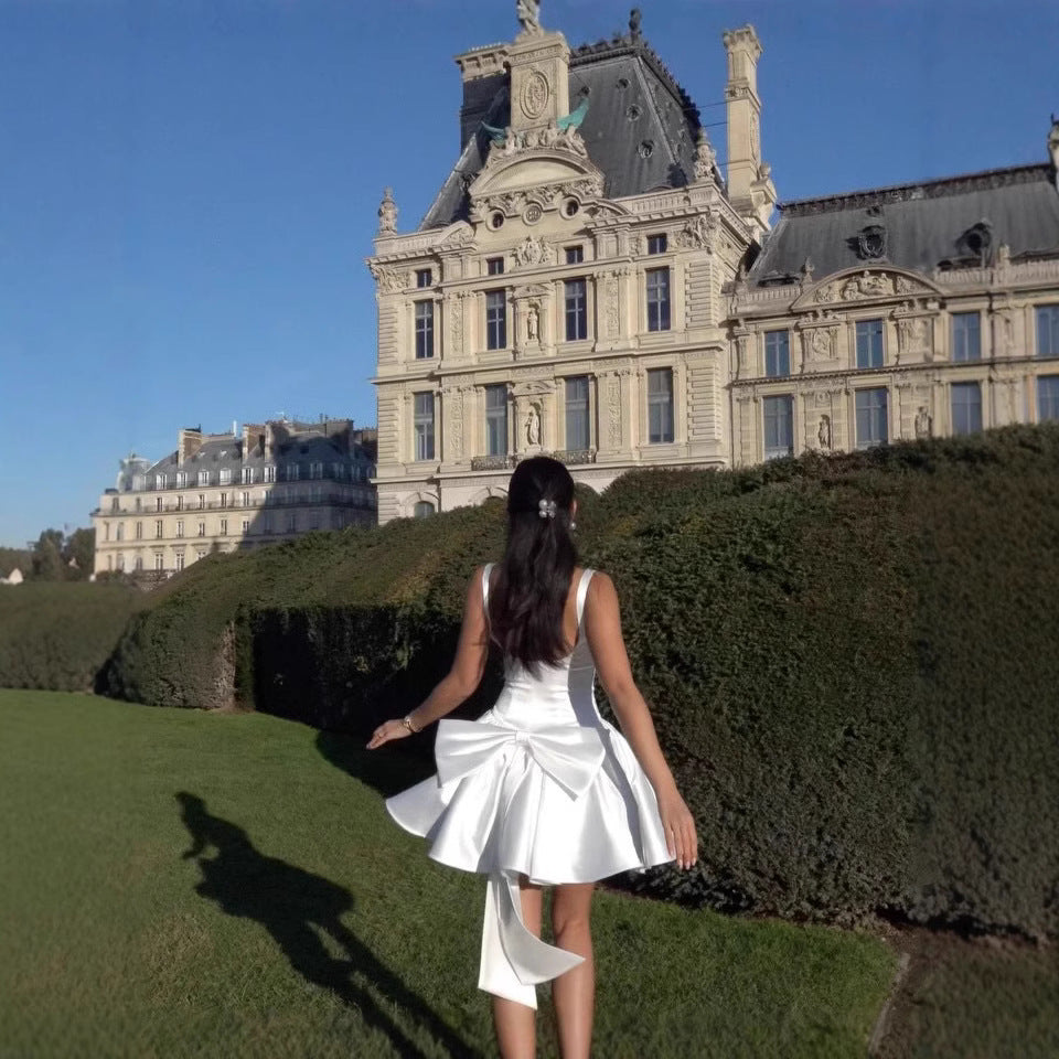 White Backless Bow Sleeveless Mini Dress