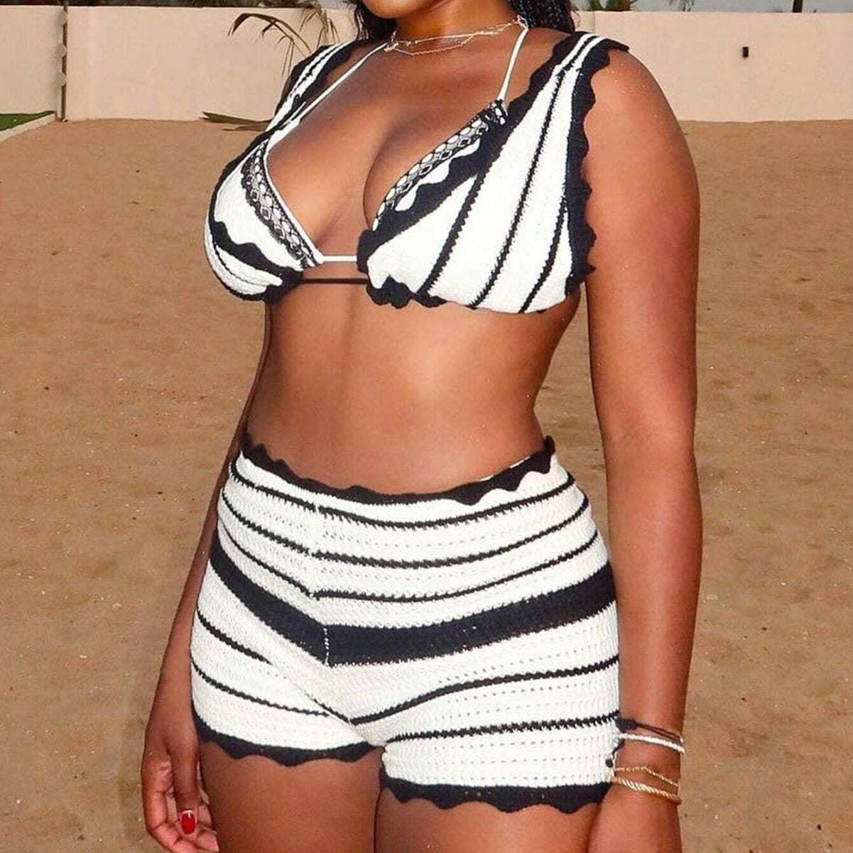 Women's Fashion Striped Texture Holiday Casual Two Piece Suit