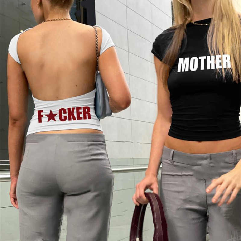 Short Sleeve Backless Y2K Mother F Clothes Crop Top Women