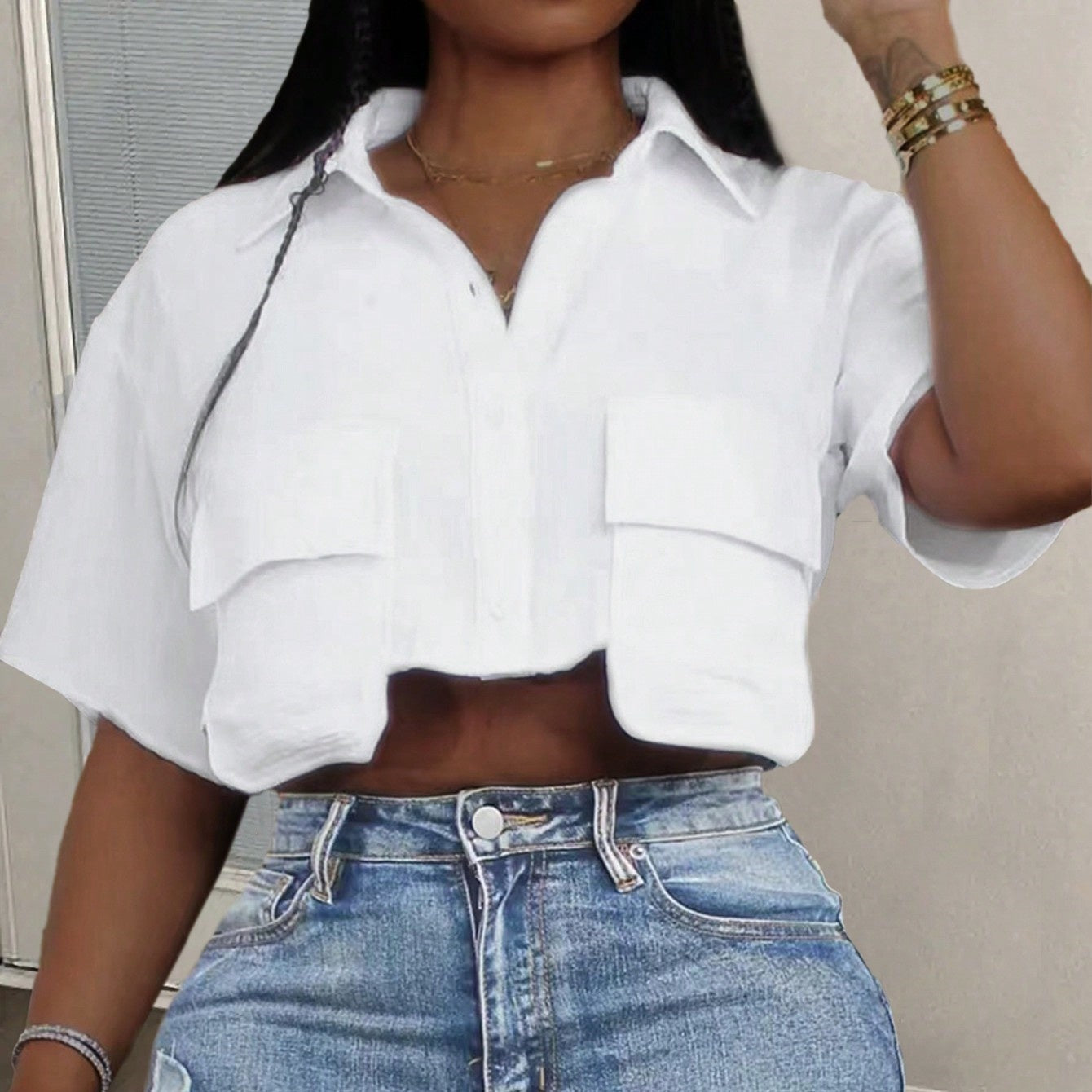 Women Casual Streetwear White Polo Collar Pocket Cropped Top