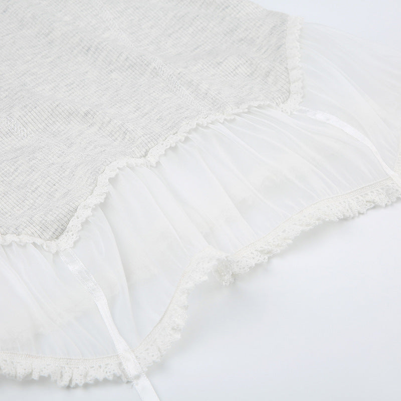 Girl Slim Fit Waist-tight Pure Mesh Vest Pure Desire Wind Sexy Low-cut V-neck Pleated Lace Bow Suspenders