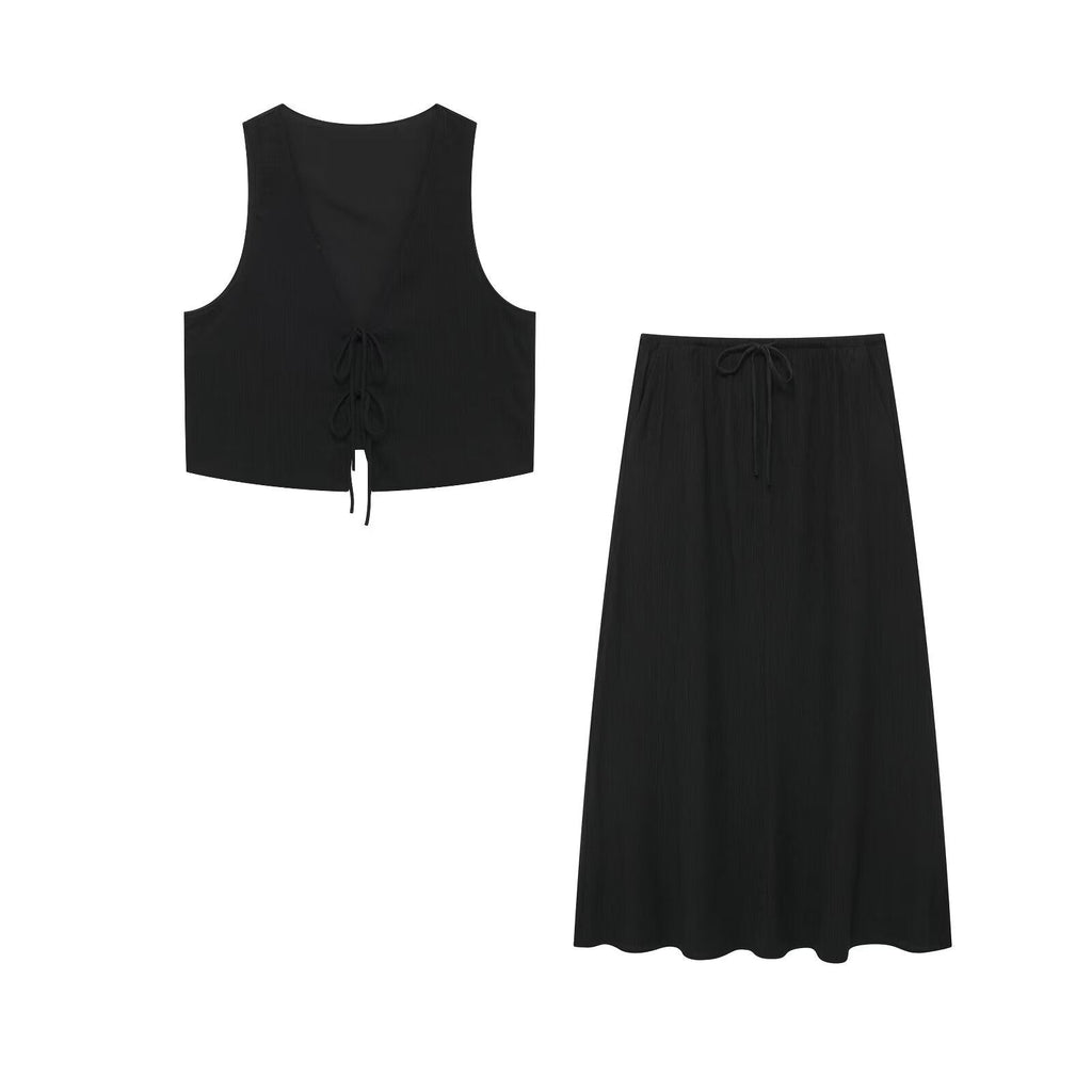 Women's Bow Texture Vest Blouse And Pants