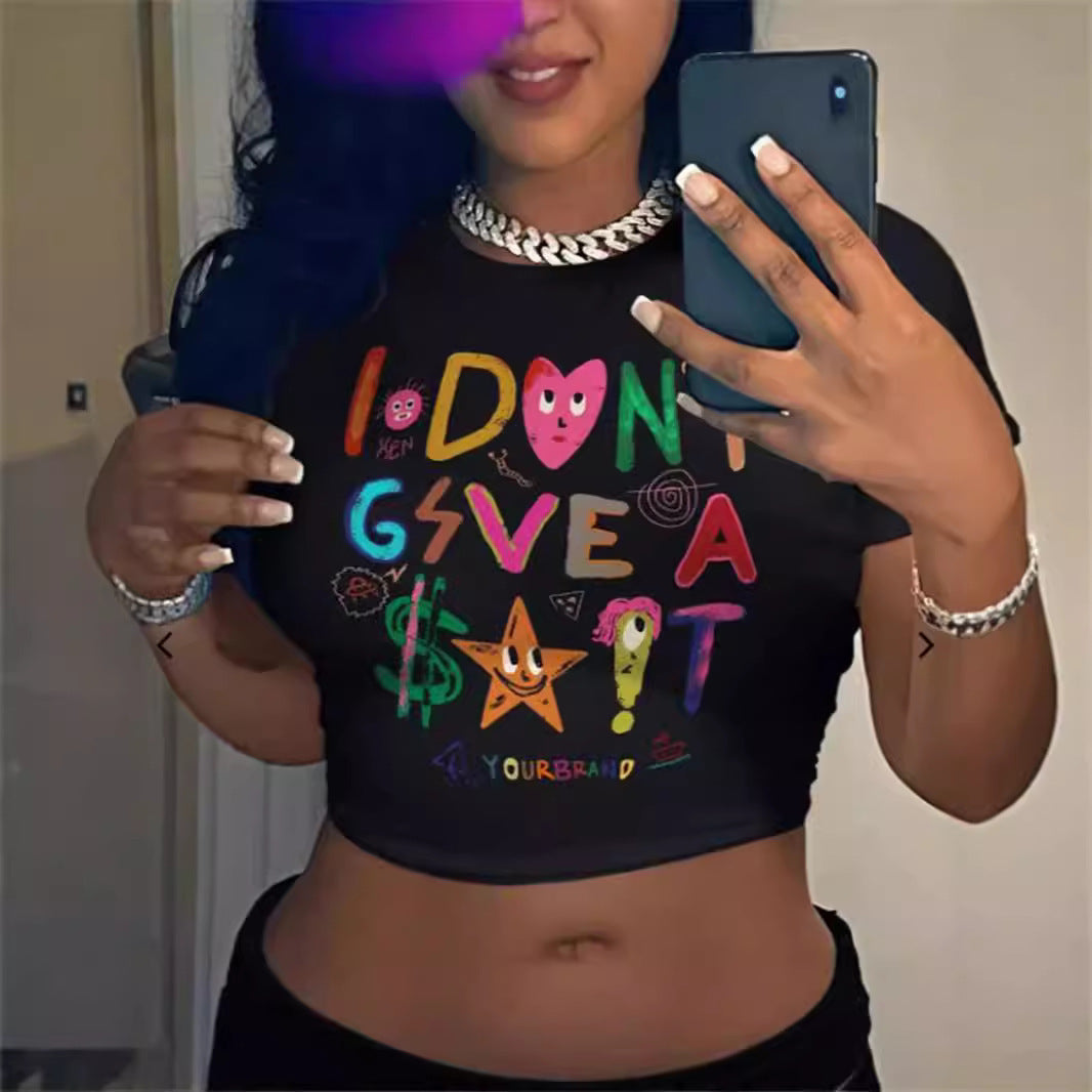 Women's All-match Letters Printed Solid Color Short Sleeve