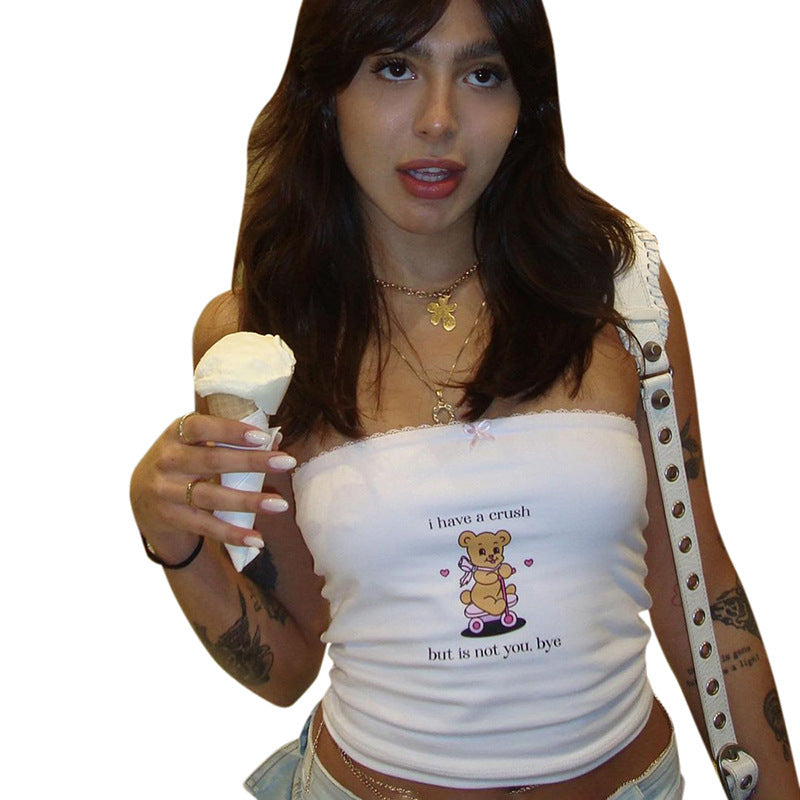 Women's Cute Fashion Bear Letter Print Bow Lace-collared Blouse