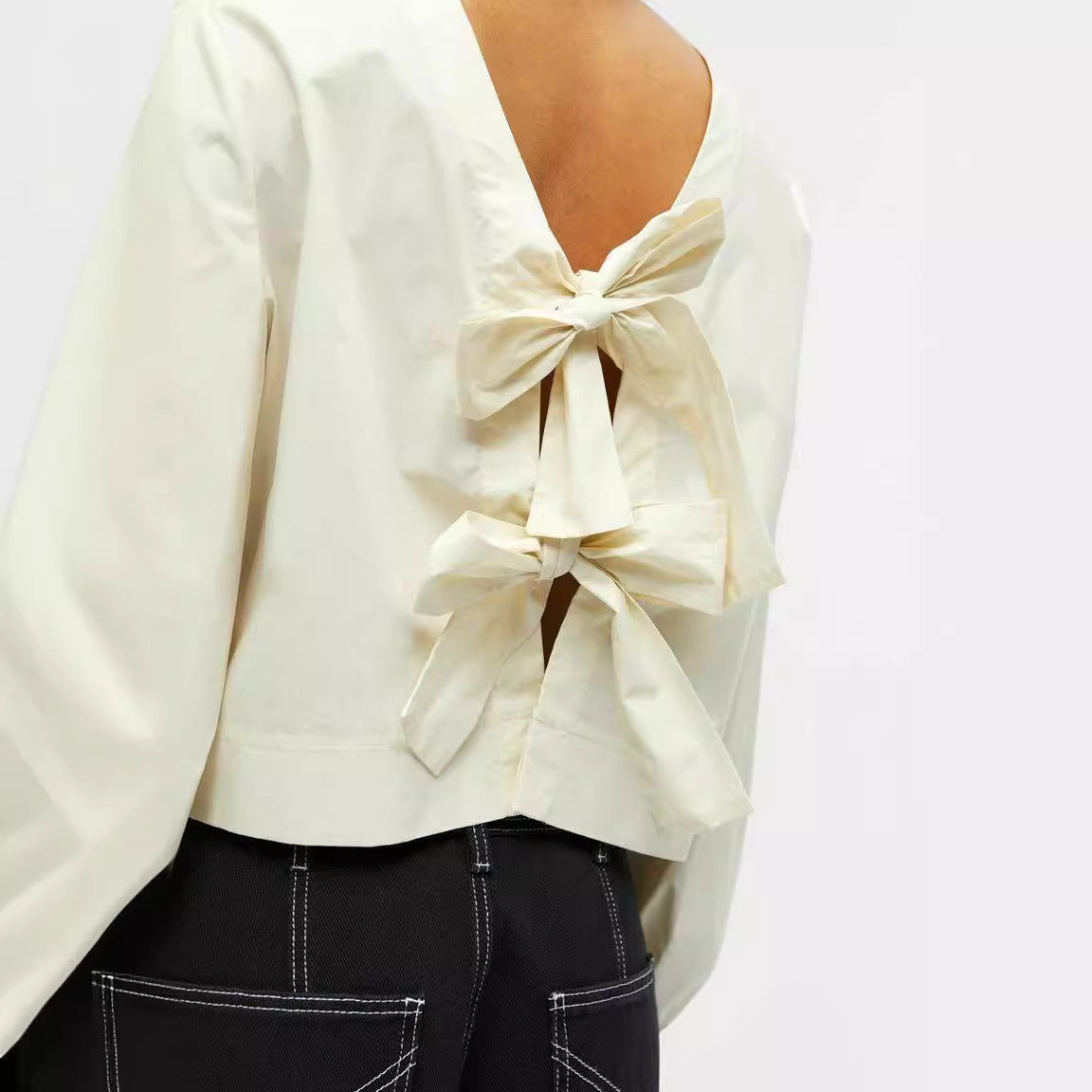 Fashion Inside-out Wear Bow Solid Color Pleating Long Sleeve Top