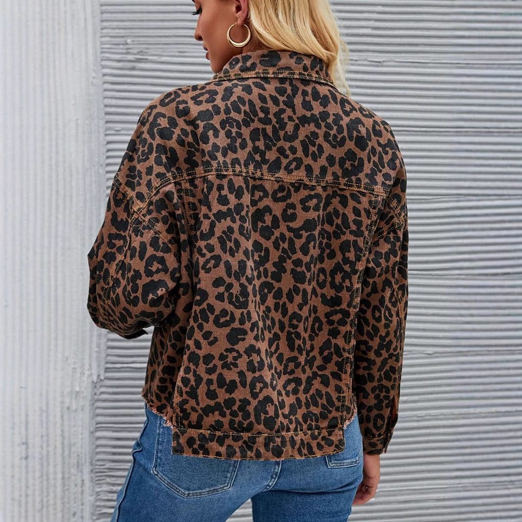 Women Animal Print Frayed Button Short Denim Coat