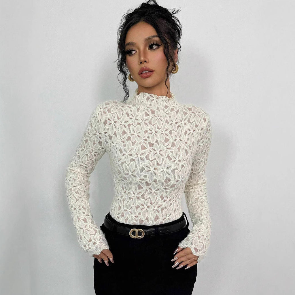 Ladies Wooden Ear Half Turtleneck Lace Slim T-shirt