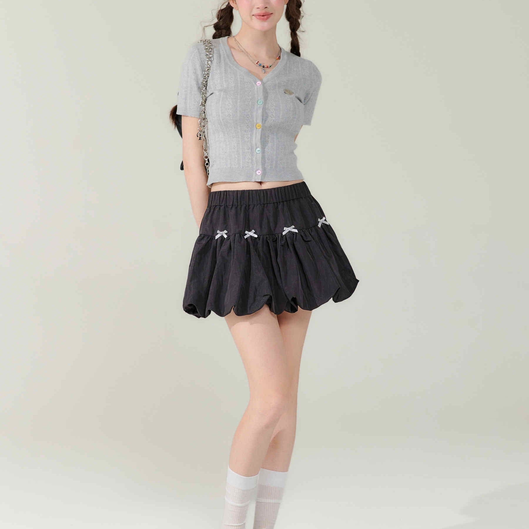Women's Bow Elastic Waist A- Line Bud Skirt