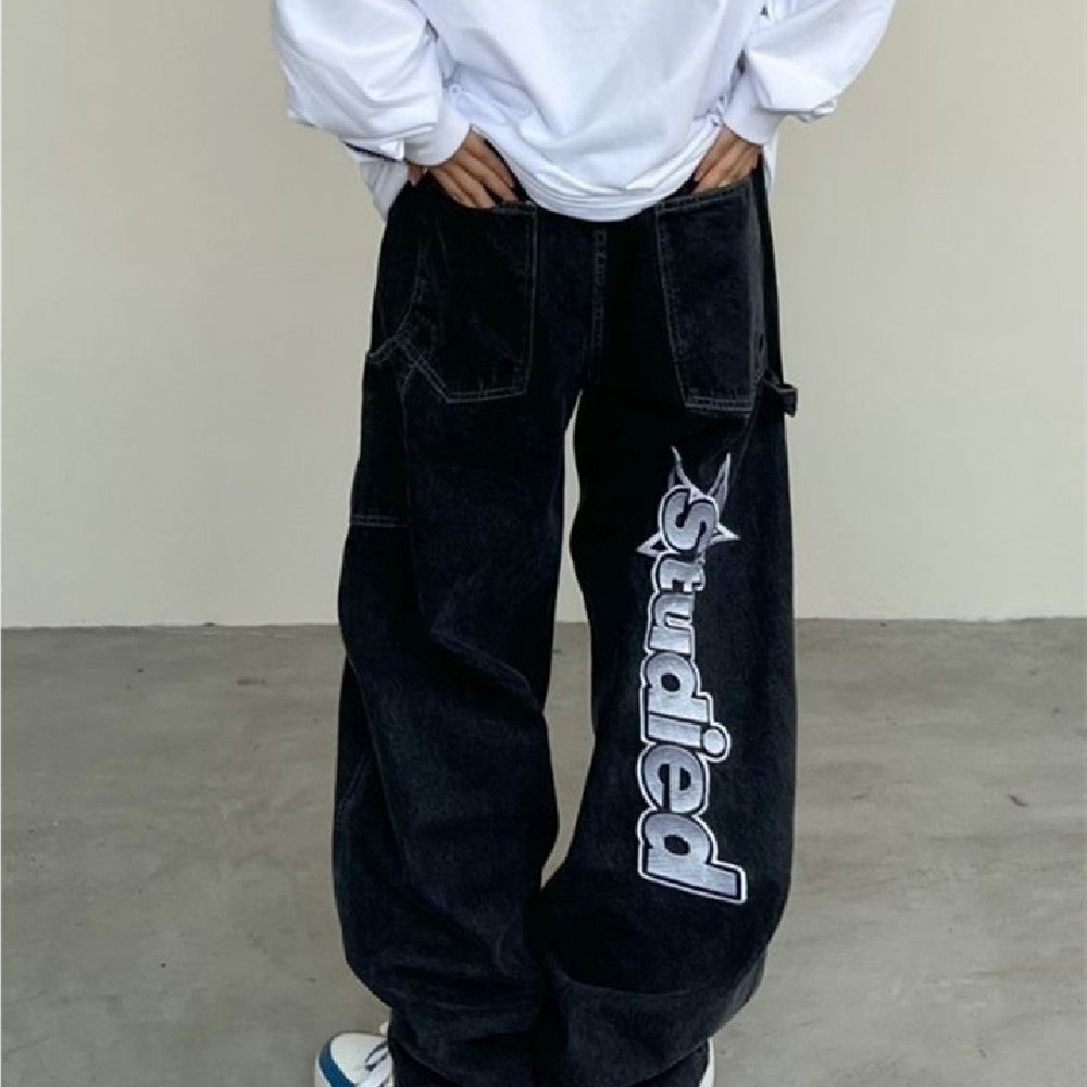 Star Letter Embroidered Jeans And Women Loose