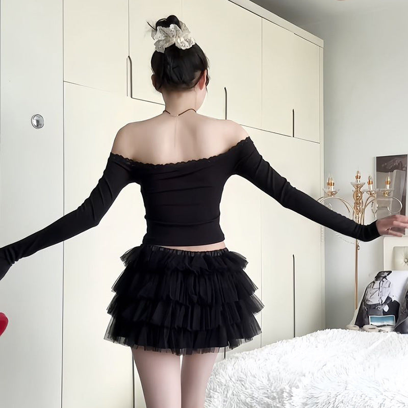 Off-shoulder Lace Edge Long-sleeved Top Ins Pure Desire Style Fashion Short Bow T-shirt For Women