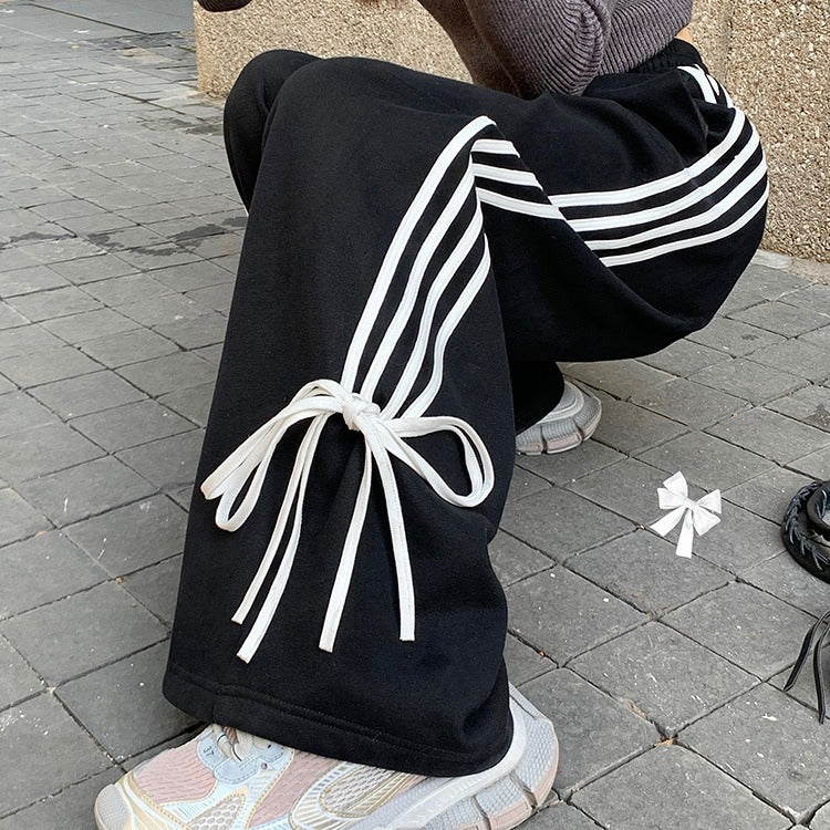 High Waist Bow Straight Wide-leg Pants