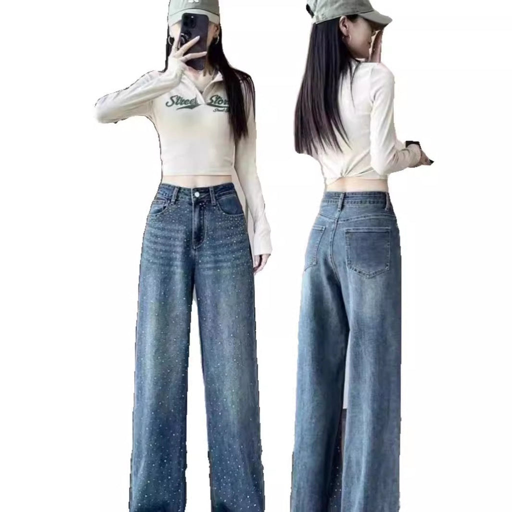 Rhinestone High Waist Narrow Wide Leg Jeans