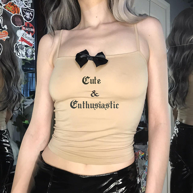 Hottie Bow Stitching Letter Embroidered Strap Slim Top