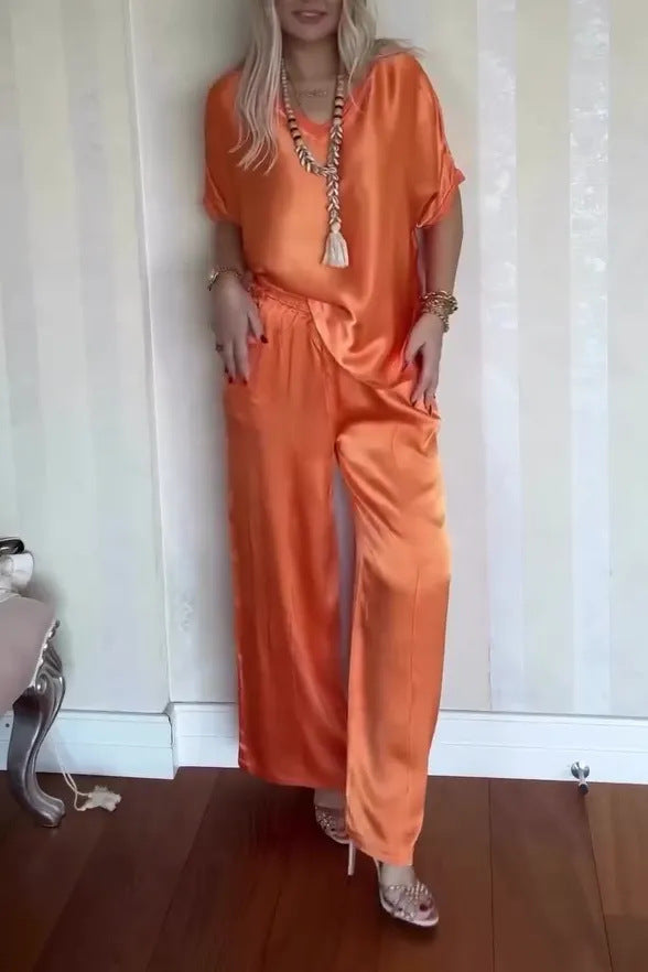 Women's Comfortable V-neck Satin Short-sleeved Two-piece Suit