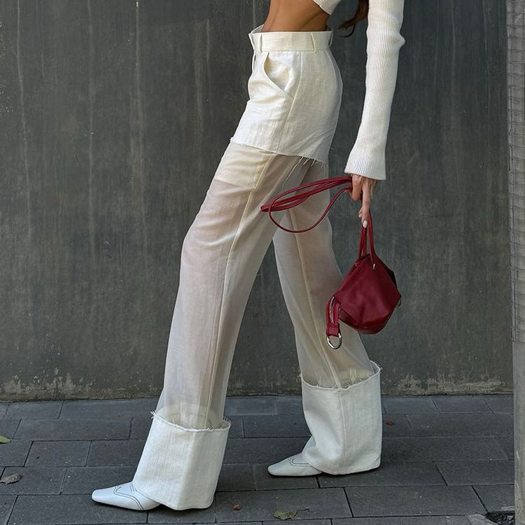 Gauze Stitching See-through Casual Pants