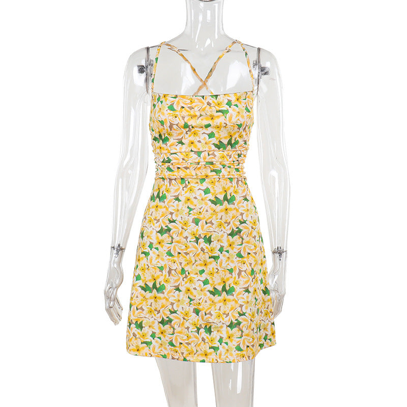 Flower Print Sling Backless Slim Fit Dress