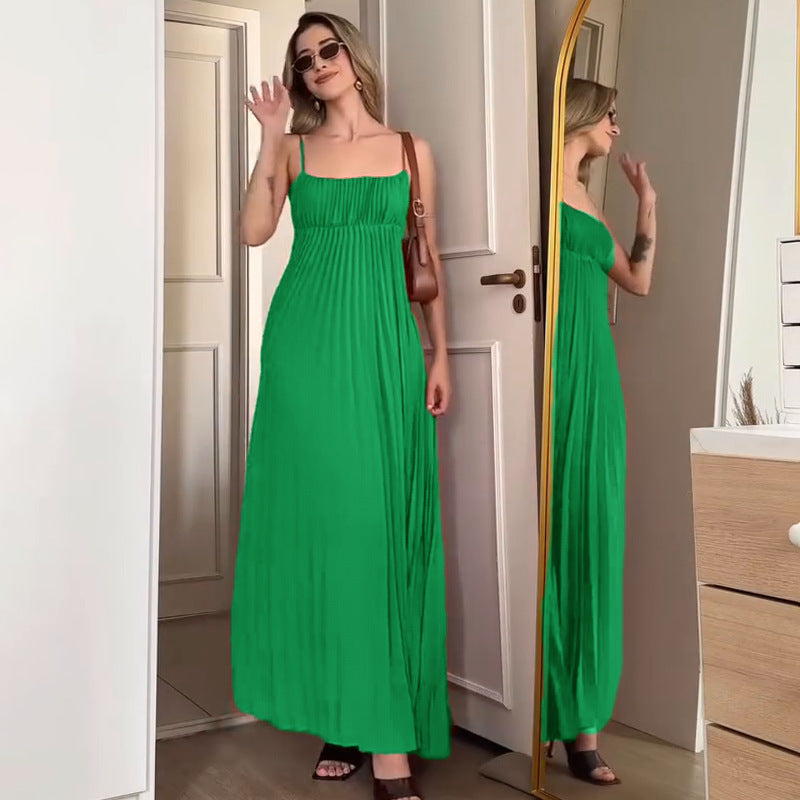 Vacation Spaghetti Straps Pleated Dress