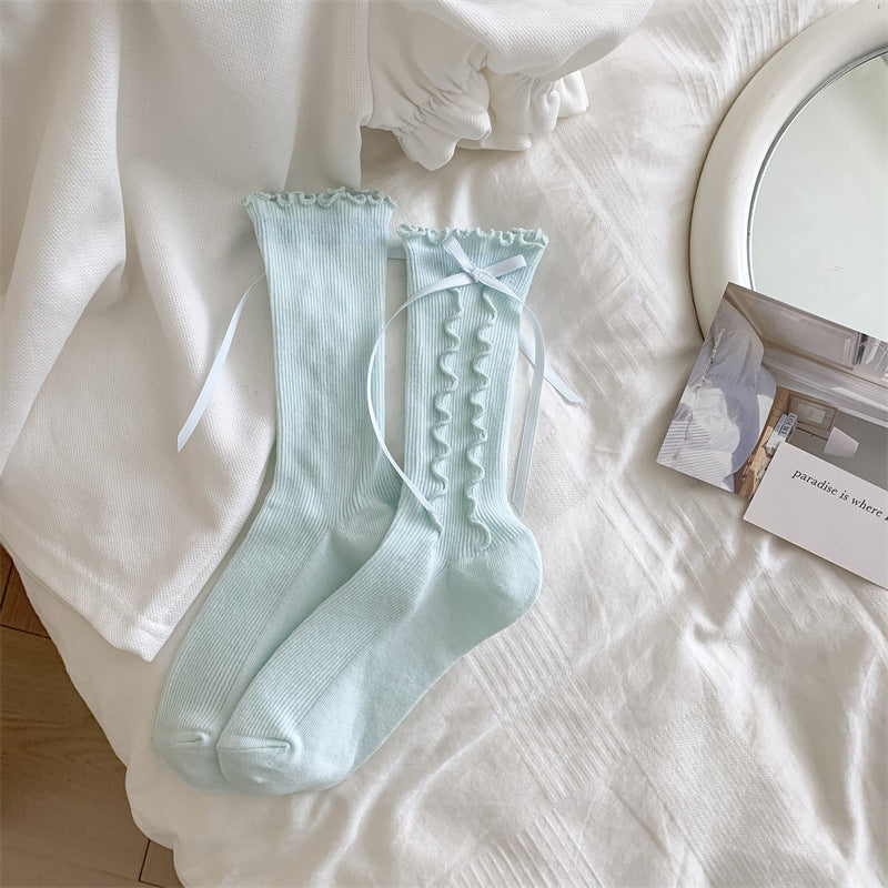 Girly Style Side Wooden Ear Bow Ribbon Female Middle Tube Socks