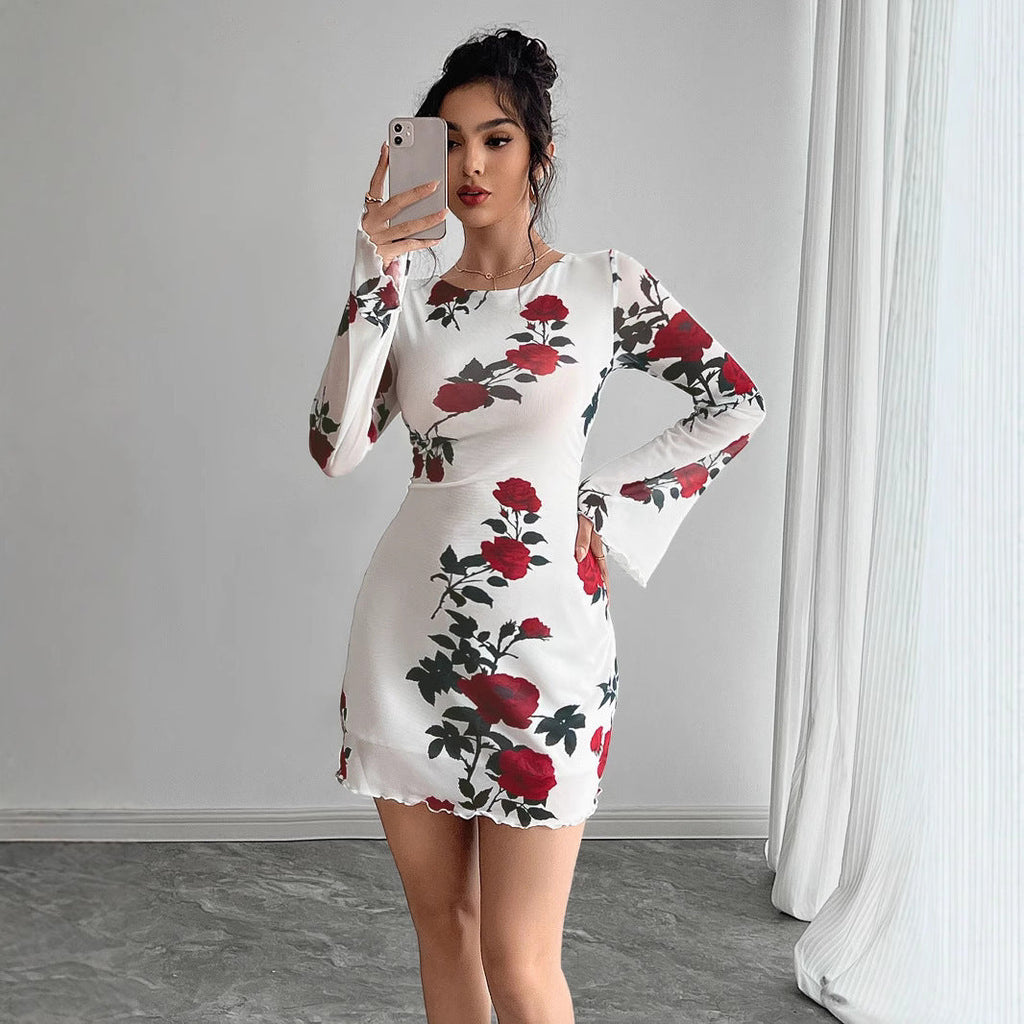 Sexy Floral Backless Gauzy Bell Sleeve Mini Dress