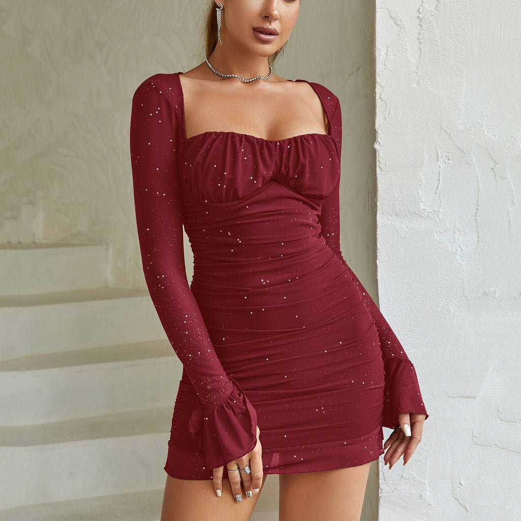 Sexy See-through Steel Ring Sequin Gauze Long Sleeve Dress
