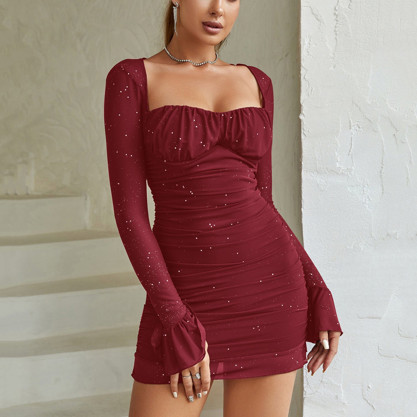 Sexy See-through Steel Ring Sequin Gauze Long Sleeve Dress