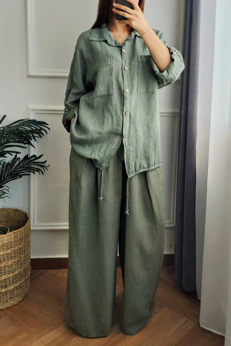 Women's Baggy Cotton And Linen High-waisted Suit With Buttons