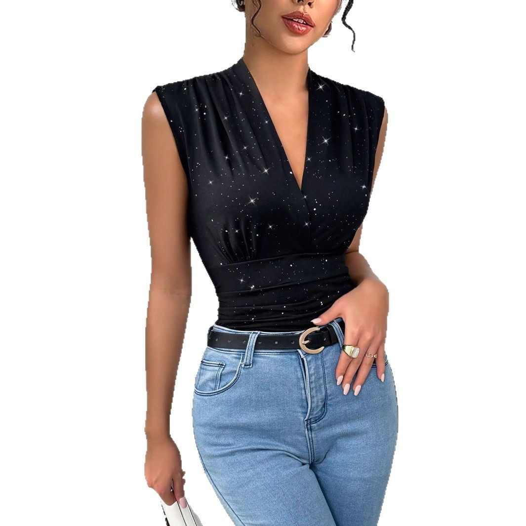 V-neck Shiny Sequined Sleeveless Top