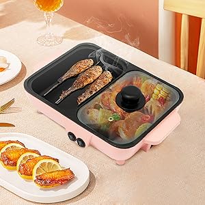 Mini Hot Pot and Grill Combo, Available in Pink, Blue, and White,2-in-1 Mini Hot Pot and Grill for Home Cooking